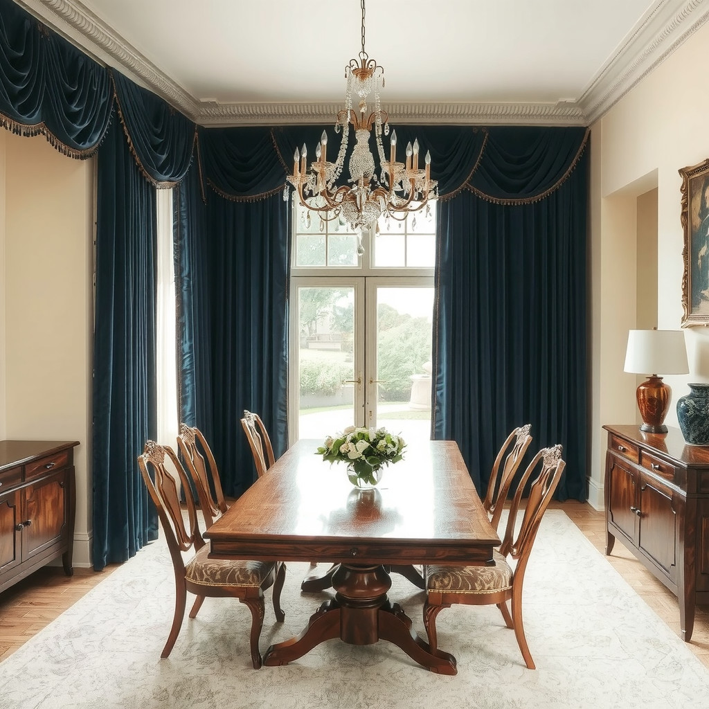 Dining room with wooden accents and velvet drapes