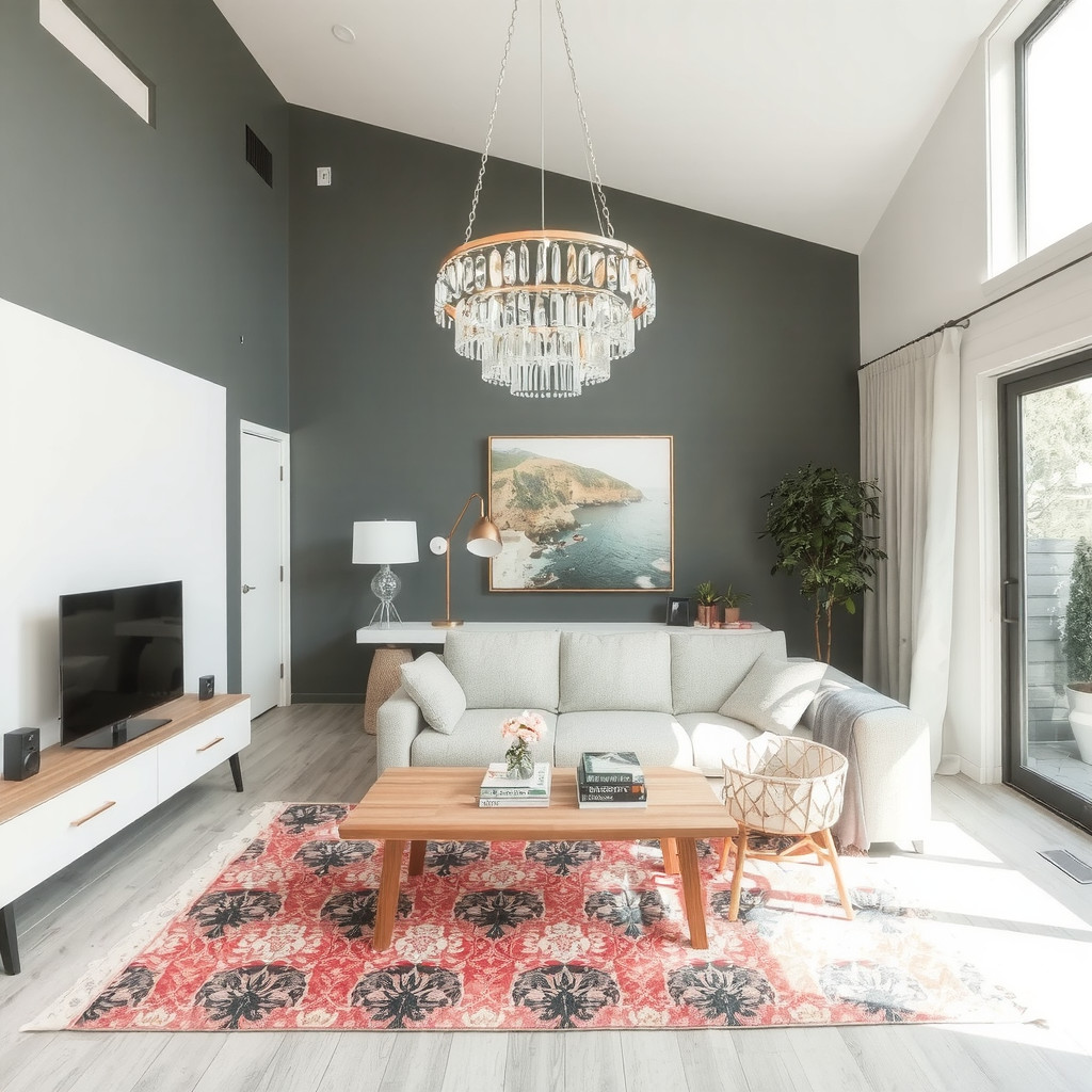 Living room with a statement light fixture