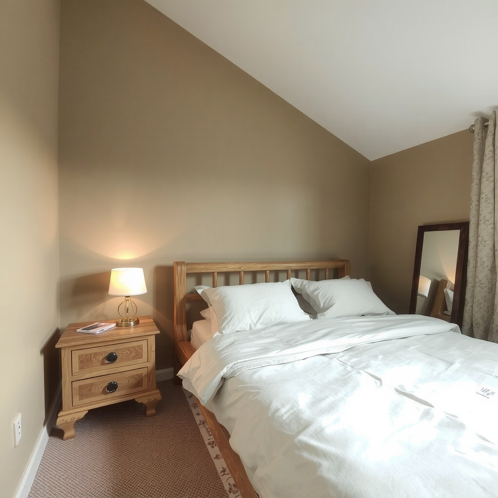 A bedroom with a bed in the corner, a nightstand, and a table lamp