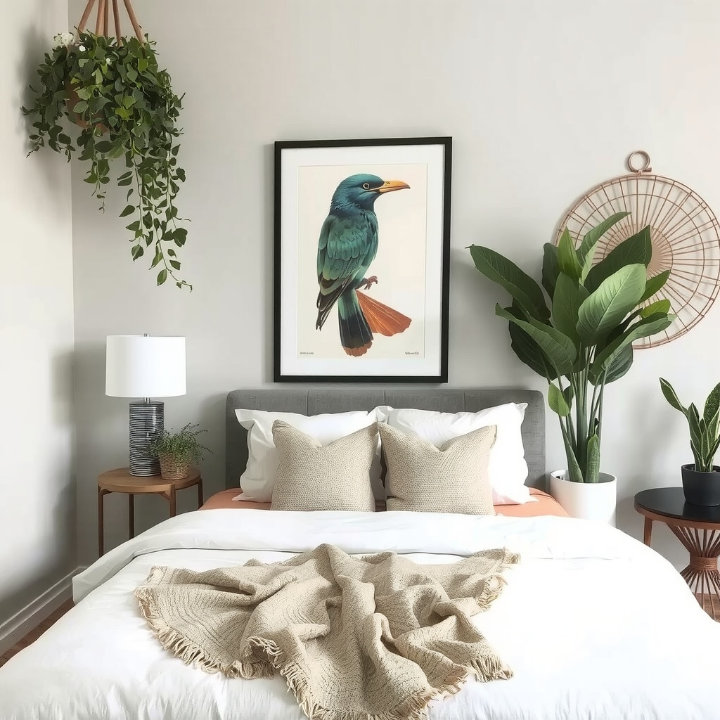 A bedroom with a statement piece of art, a decorative mirror, and a few plants