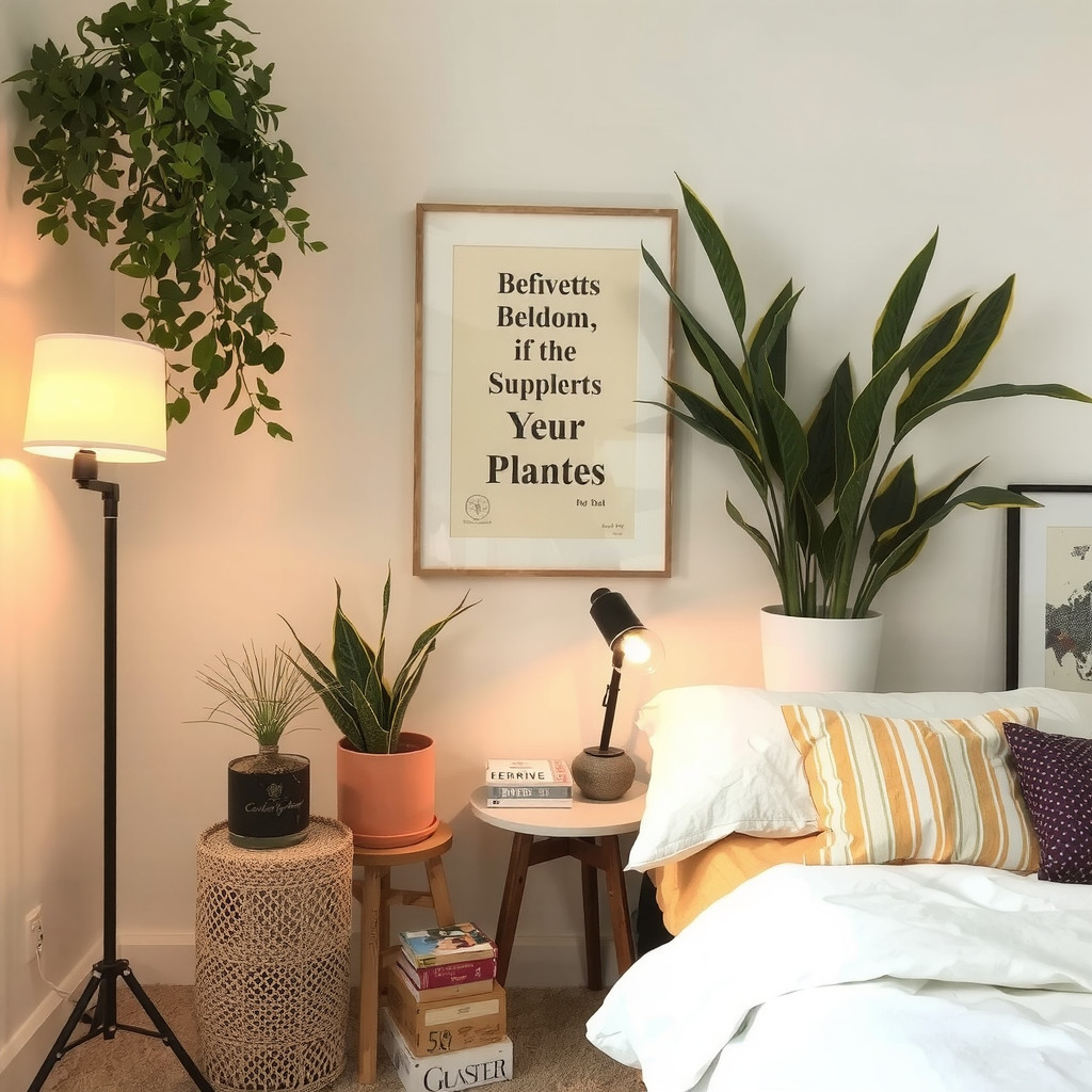 A bedroom with a table lamp, a floor lamp, and a few plants