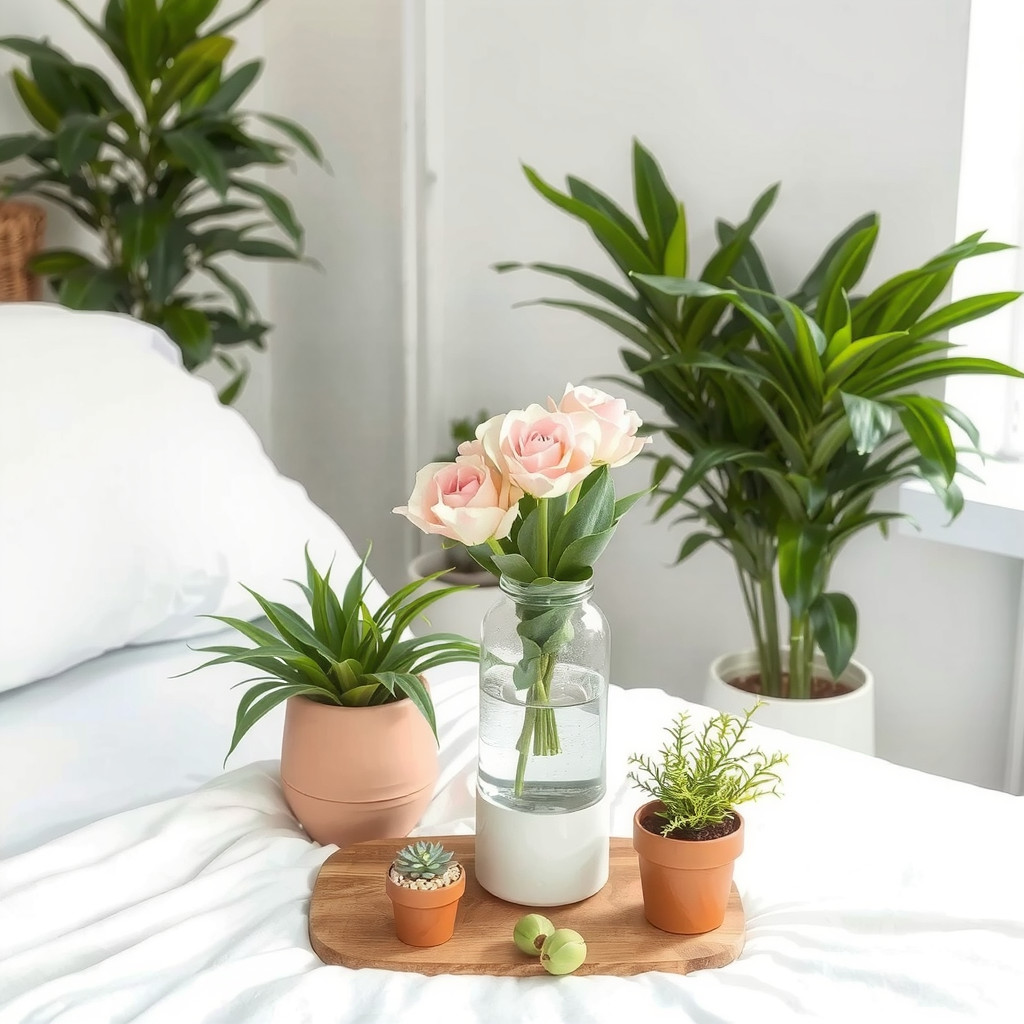 A bedroom with a few potted plants, a vase with fresh flowers, and a few plants