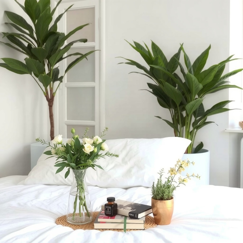A bedroom with a few plants, a vase with fresh flowers, and a few plants