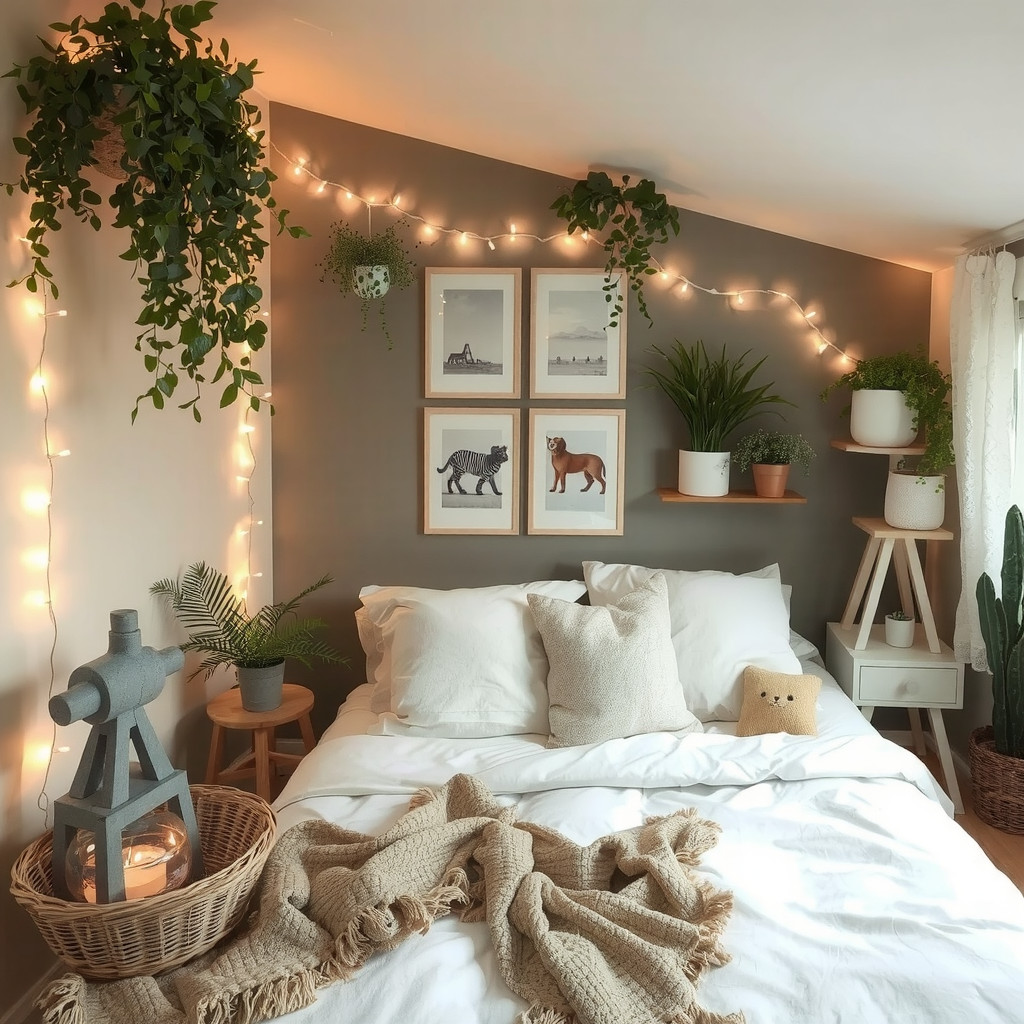 A bedroom with string lights, a few plants, and a few plants