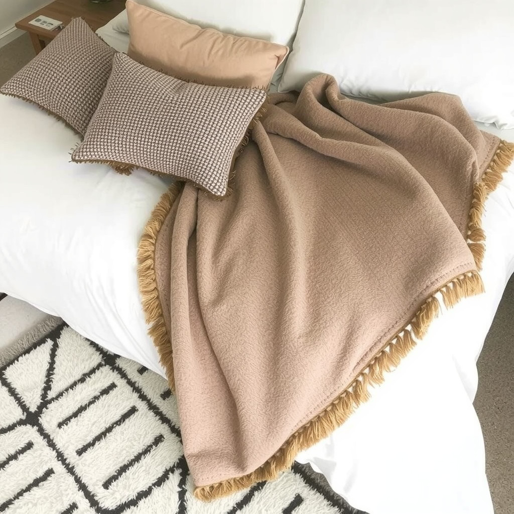 A bed with a plush throw blanket, a few pillows, and a soft rug