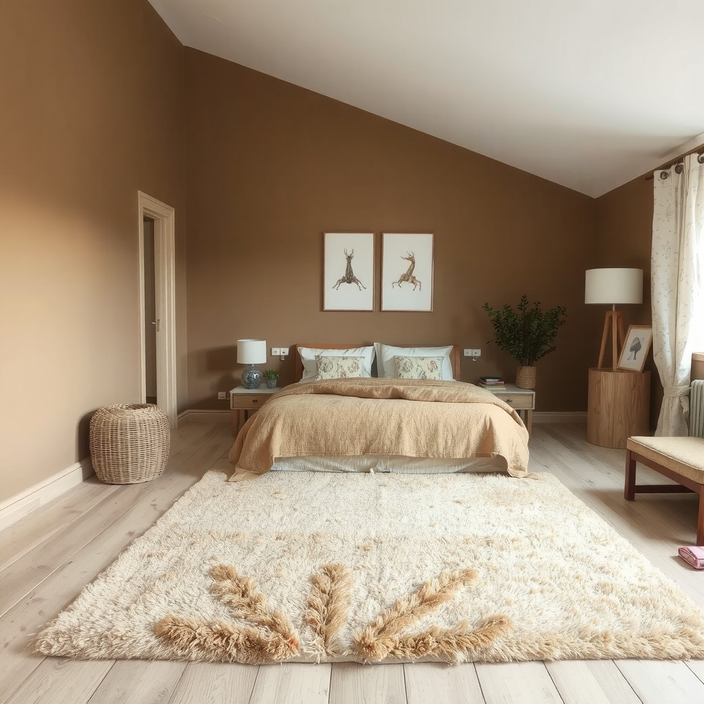 A bedroom with a plush area rug, a comfortable bed, and a few pieces of furniture