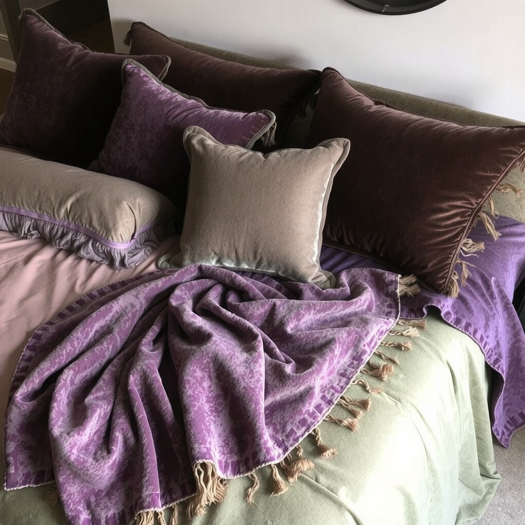 A bed with velvet bedding, a few throw blankets, and some pillows