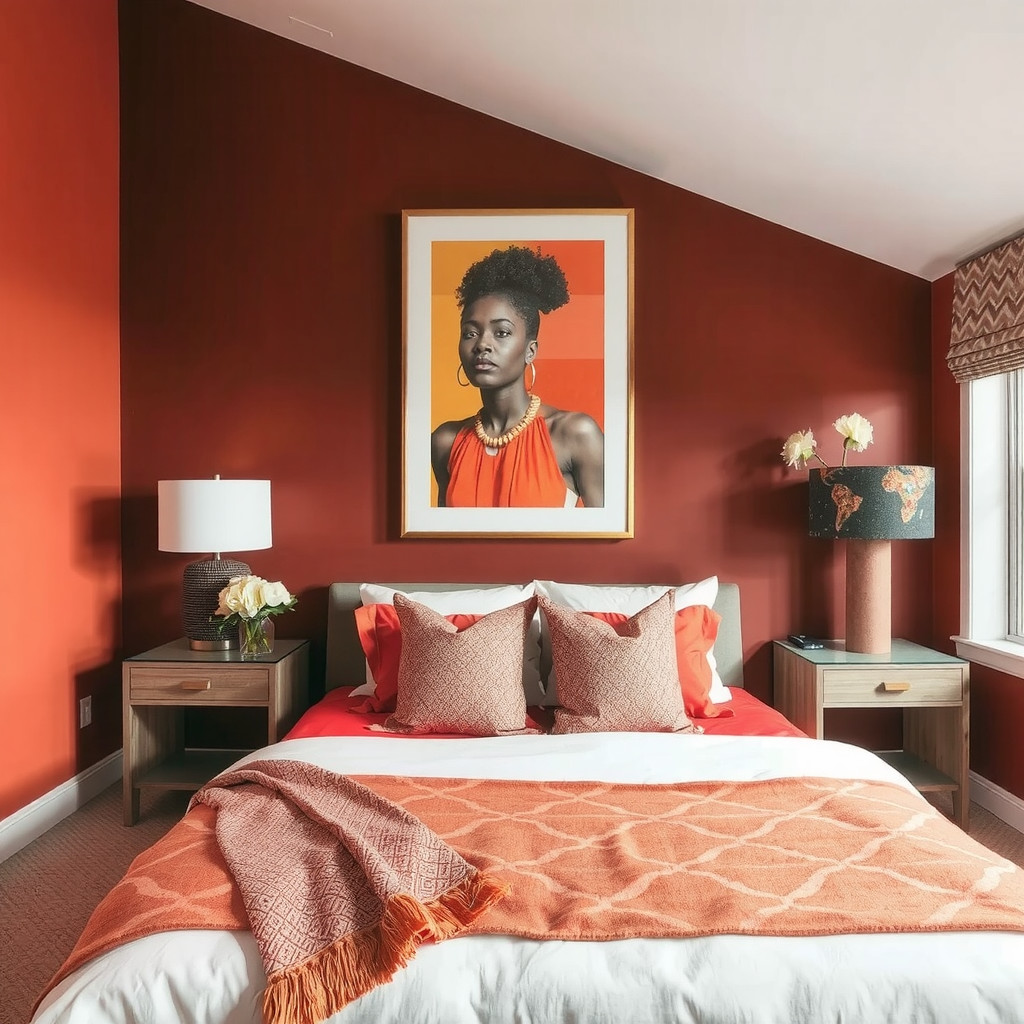 A bedroom with a statement piece of art, a few decorative objects, and a comfortable bed