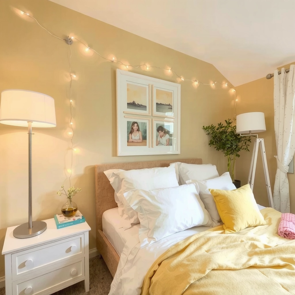 A bedroom with a table lamp, a floor lamp, and some string lights