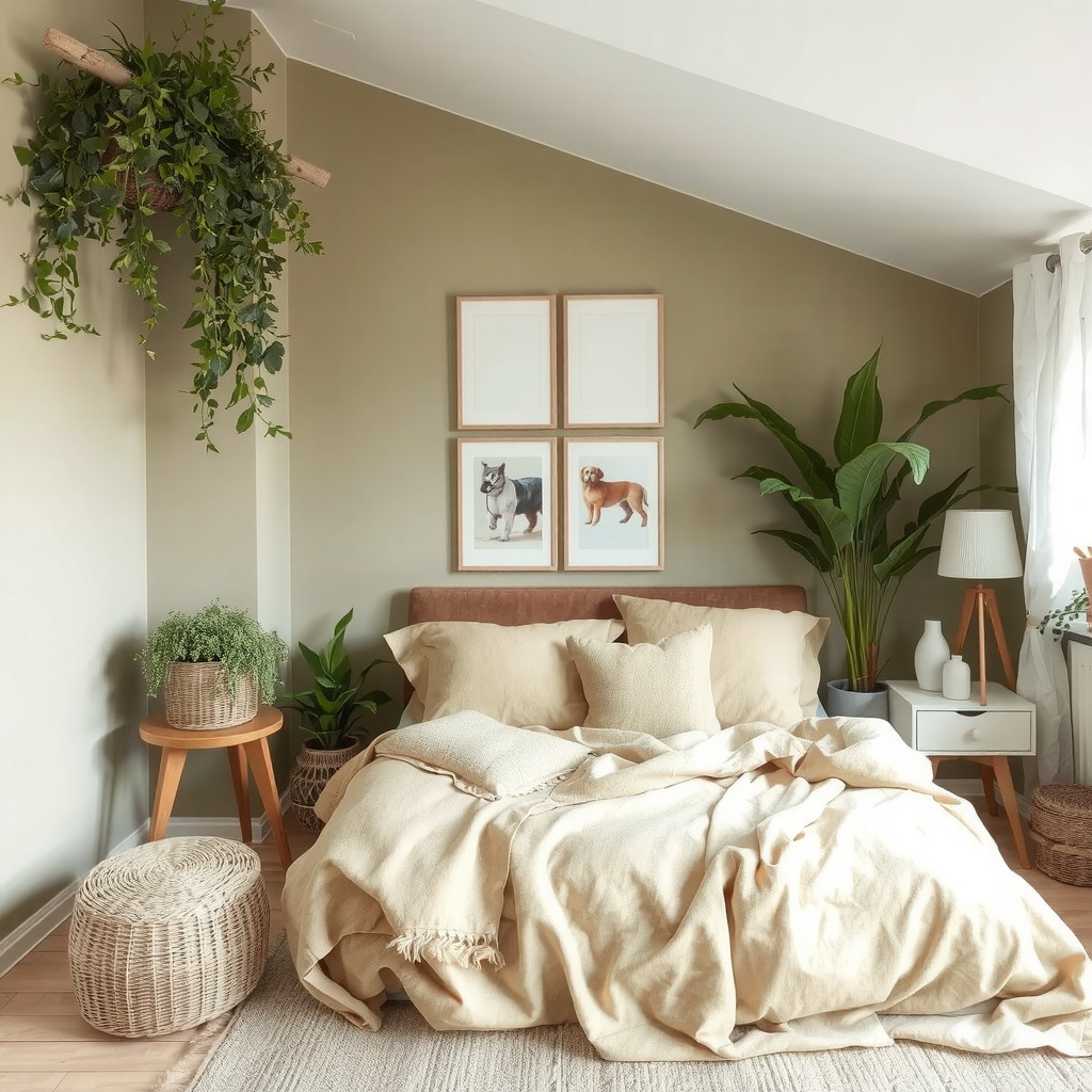 A bedroom with a few plants, a comfortable bed, and a few decorative objects