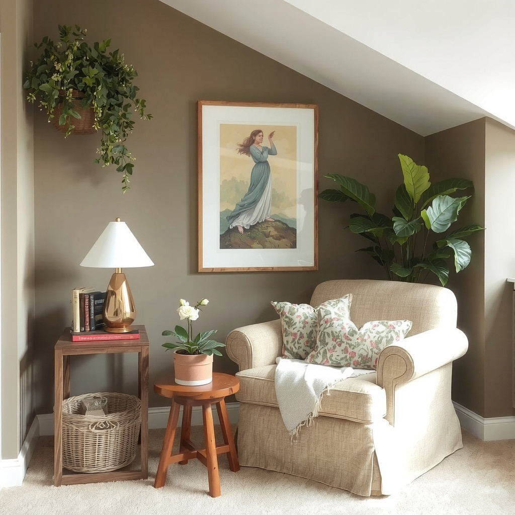 A reading nook with a floor lamp and a bookshelf