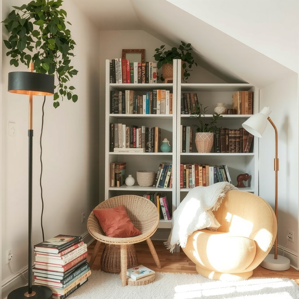 Soft lighting in a reading nook with string lights