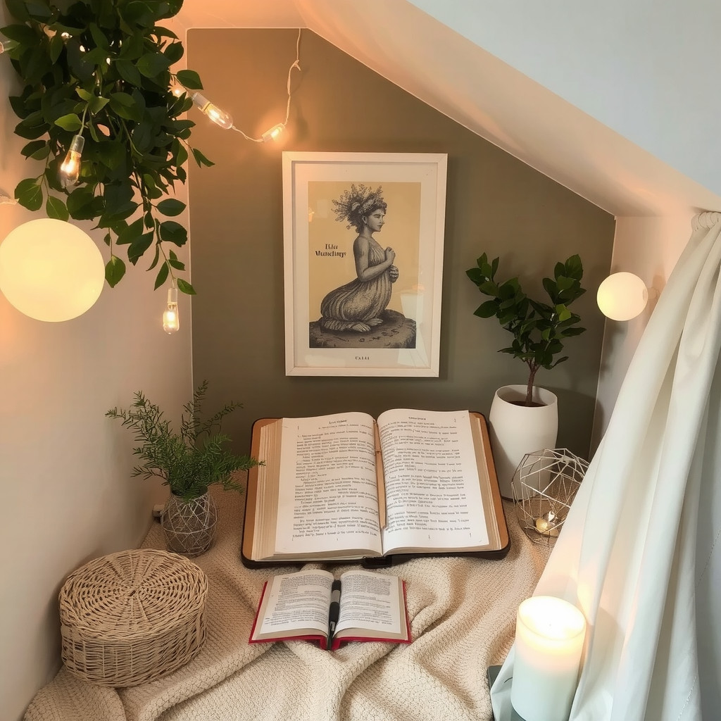 A reading nook with a small potted plant on the side table