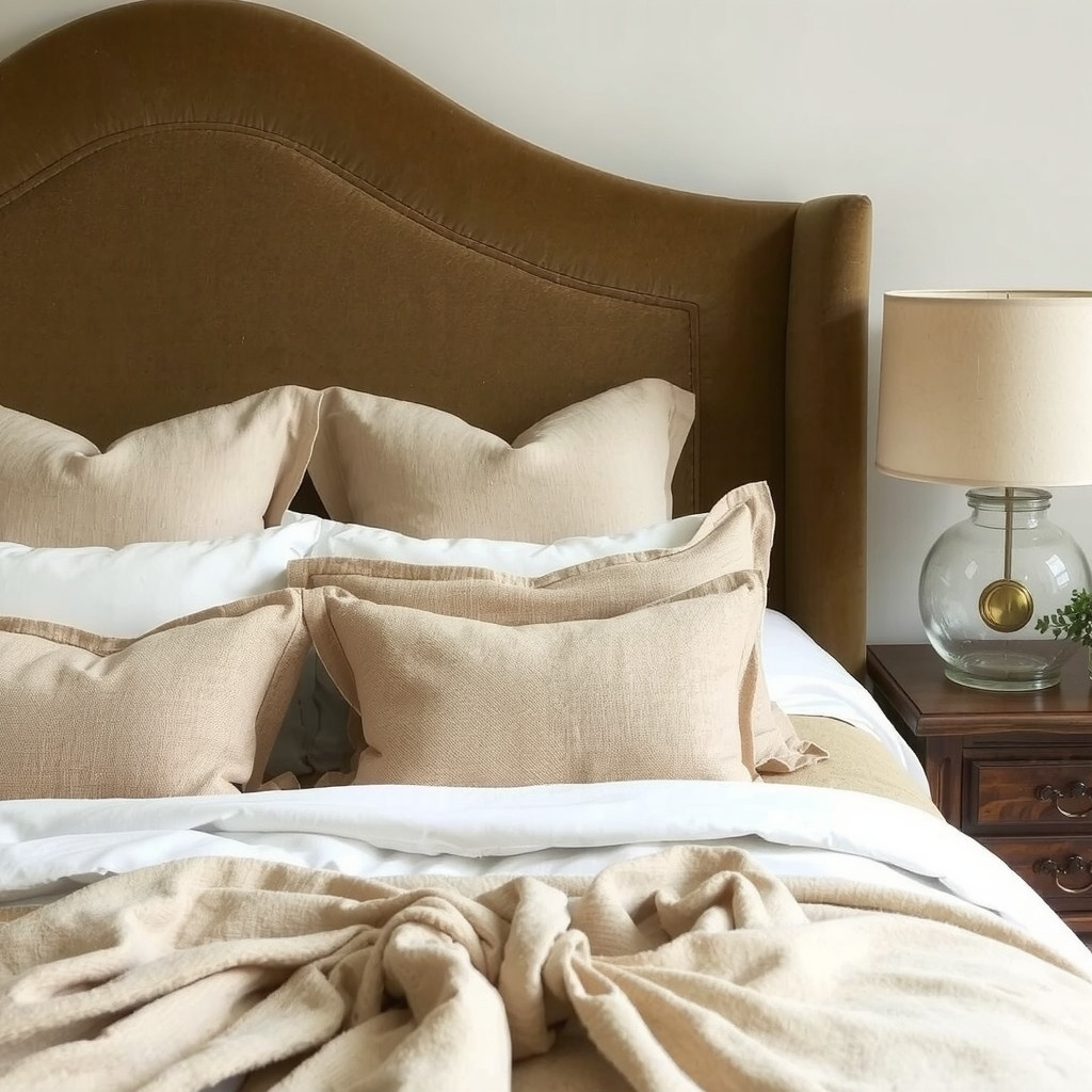 A bedroom with a velvet headboard, linen bedding, and a wooden nightstand