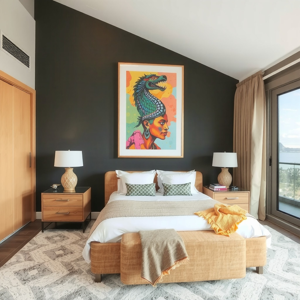 A bedroom with a statement piece of furniture, a colorful piece of art, and a stunning view