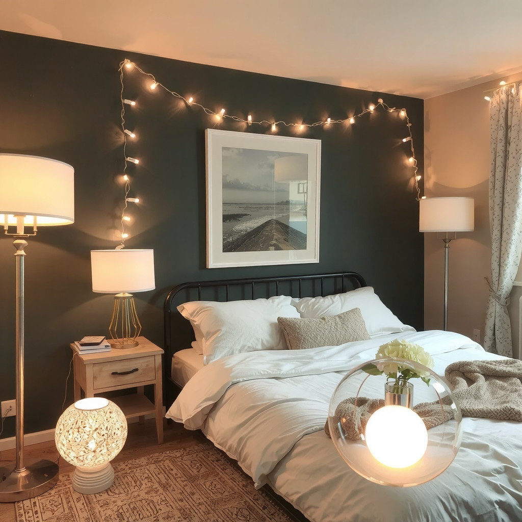 A bedroom with table lamps, floor lamps, and string lights