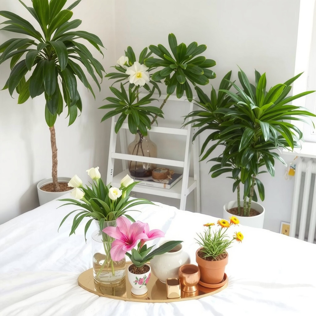 A bedroom with potted plants and a vase of fresh flowers