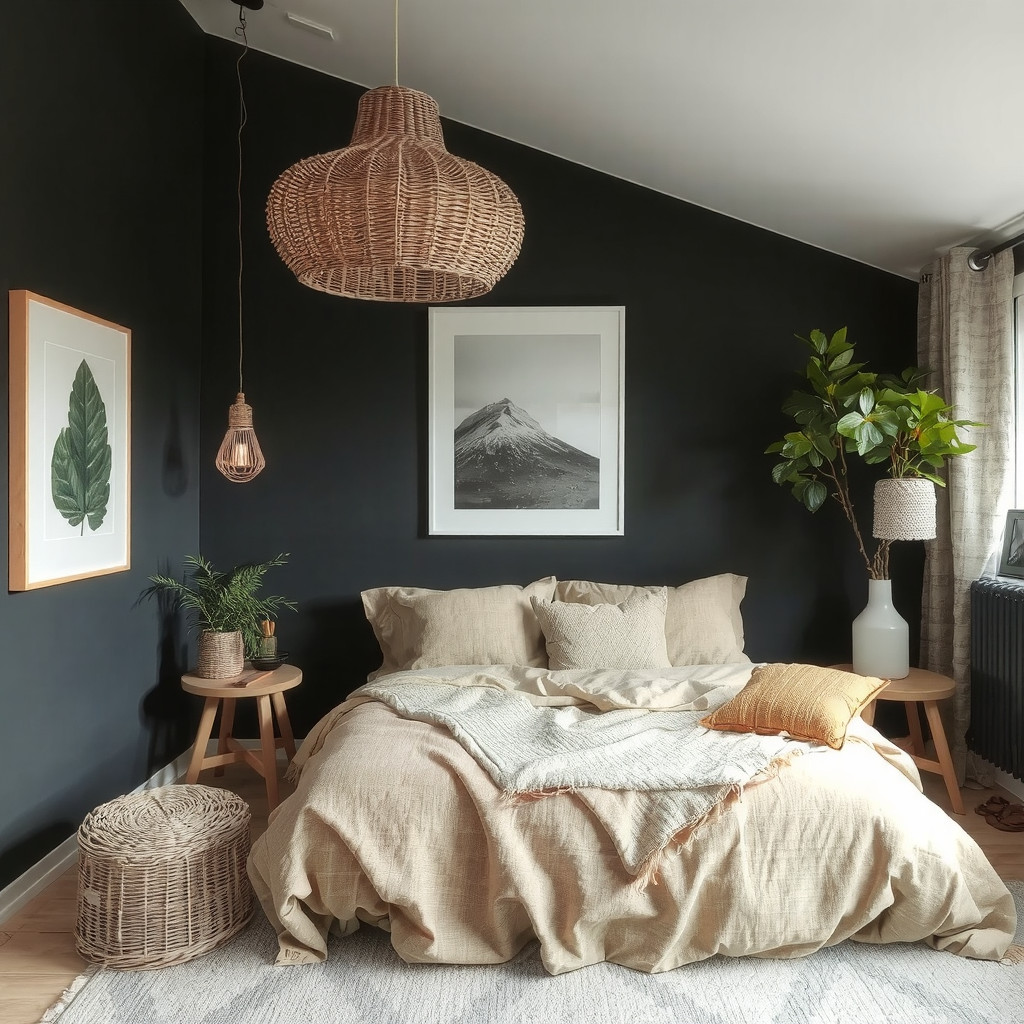 A cozy bedroom with moody colors, natural materials, and greenery