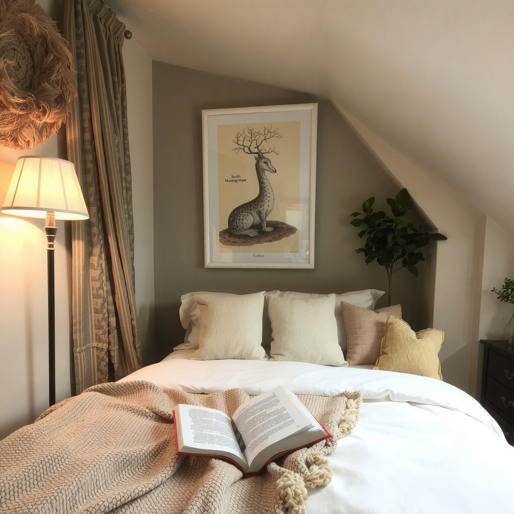 A bedroom with a cozy reading nook and a floor lamp