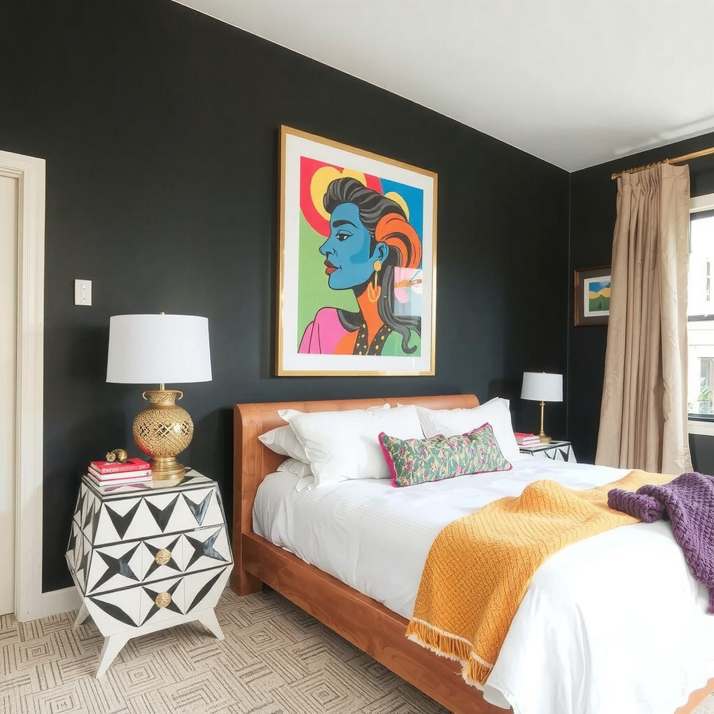 A bedroom with a statement piece of furniture and a colorful piece of art