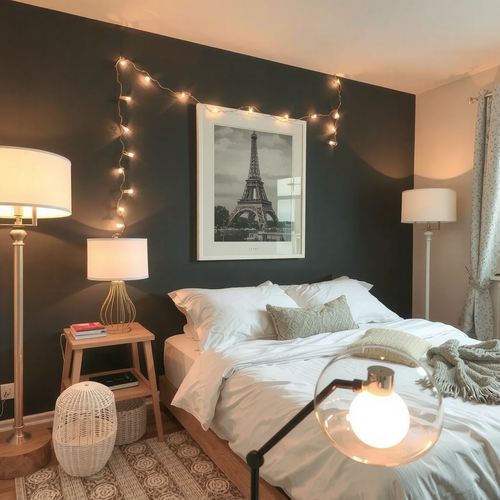 A bedroom with table lamps, floor lamps, and string lights