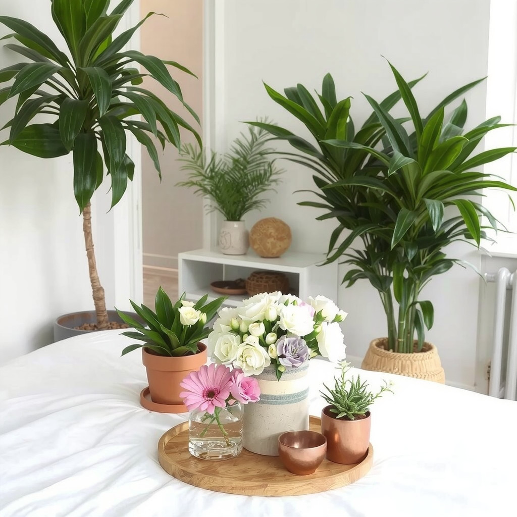 A bedroom with potted plants and a vase of fresh flowers