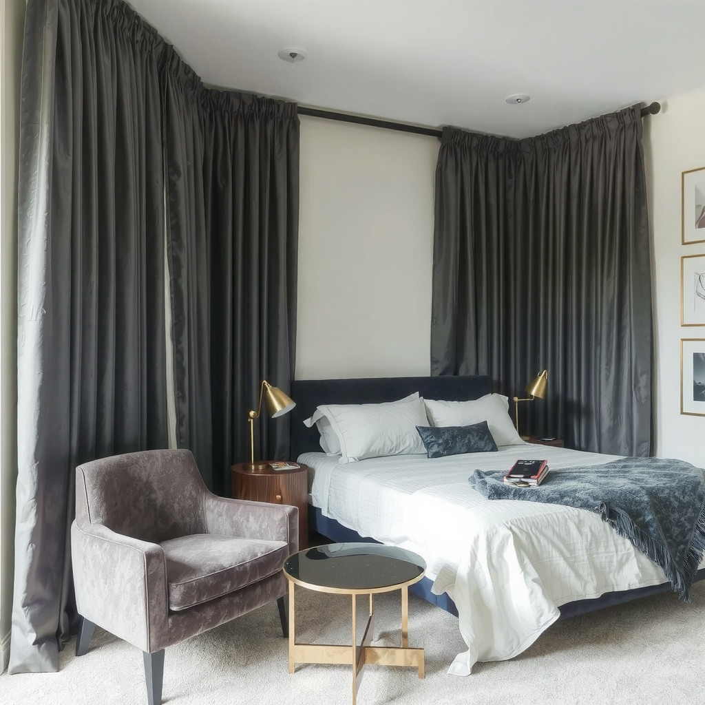 Bed in a corner with floor-to-ceiling curtains