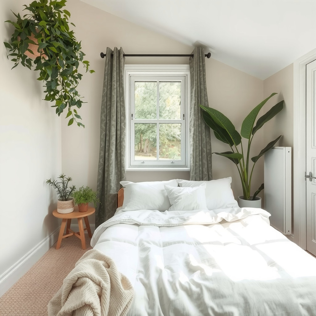A bedroom with a bed positioned away from the window, and a few plants on the bedside table