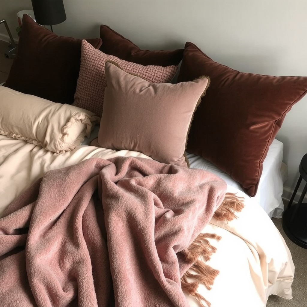 A bed with velvet bedding and a throw blanket, with a few pillows in moody colors