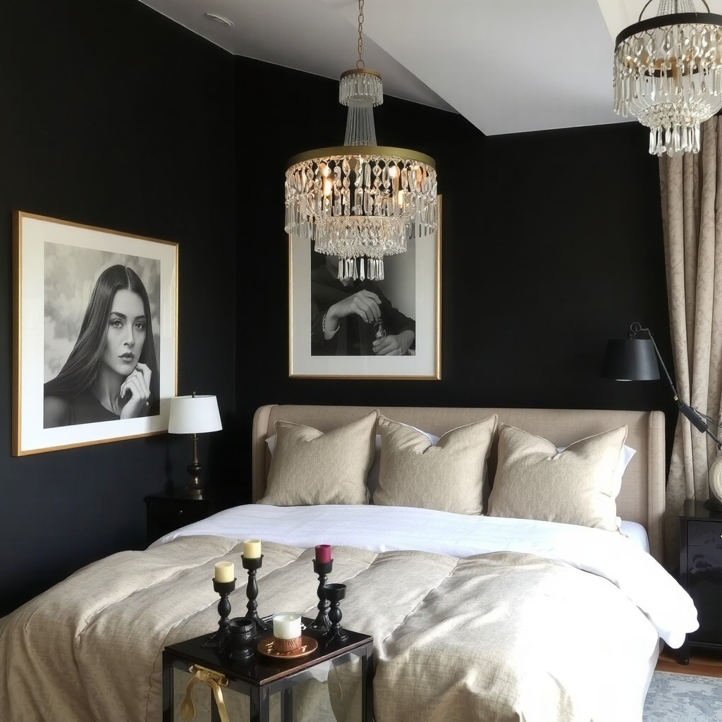 A dark bedroom with a statement light fixture, and a few candles on the bedside table