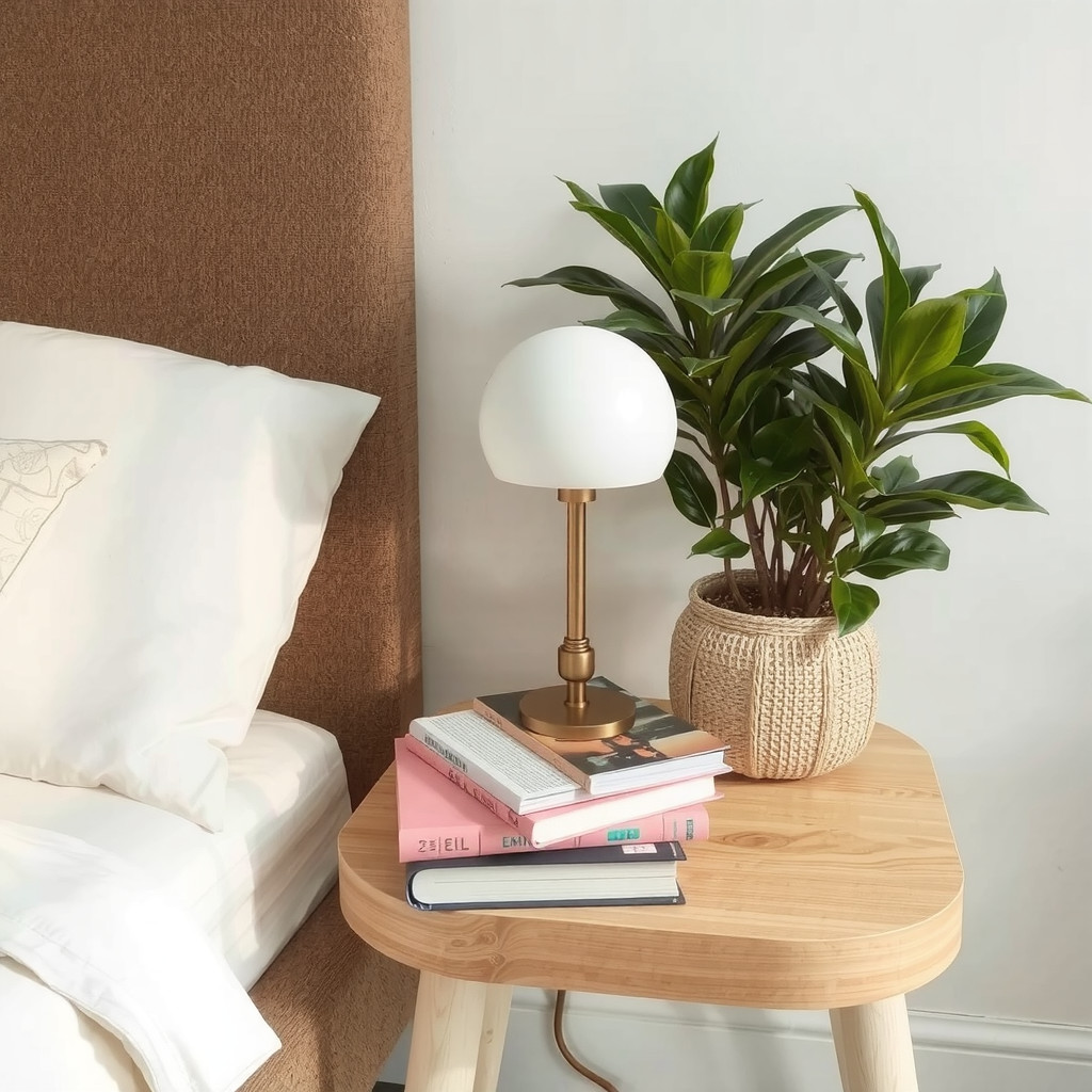 A bedside table with a table lamp, and a few books and a plant