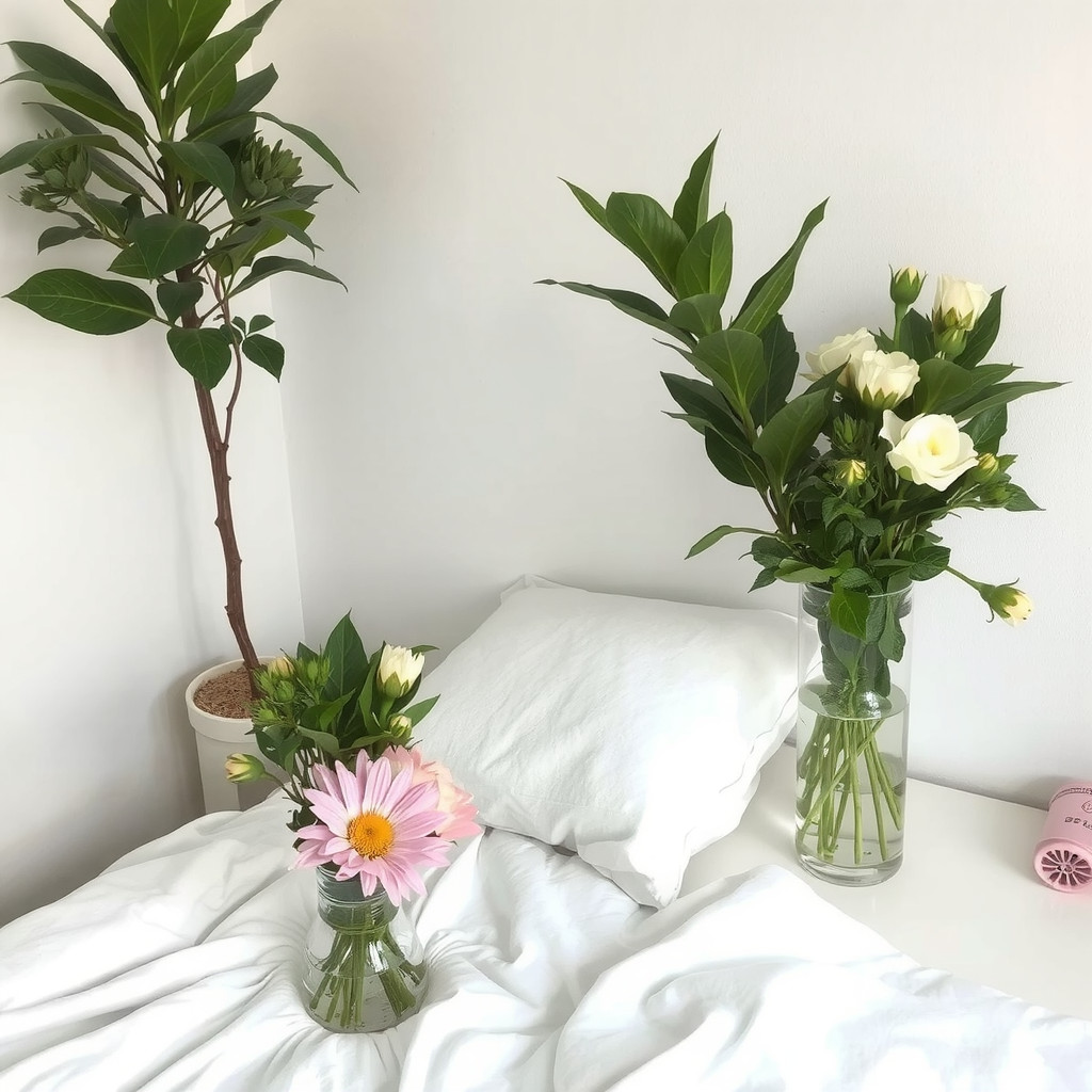 A bedroom with a few plants, and a vase with fresh flowers on the bedside table