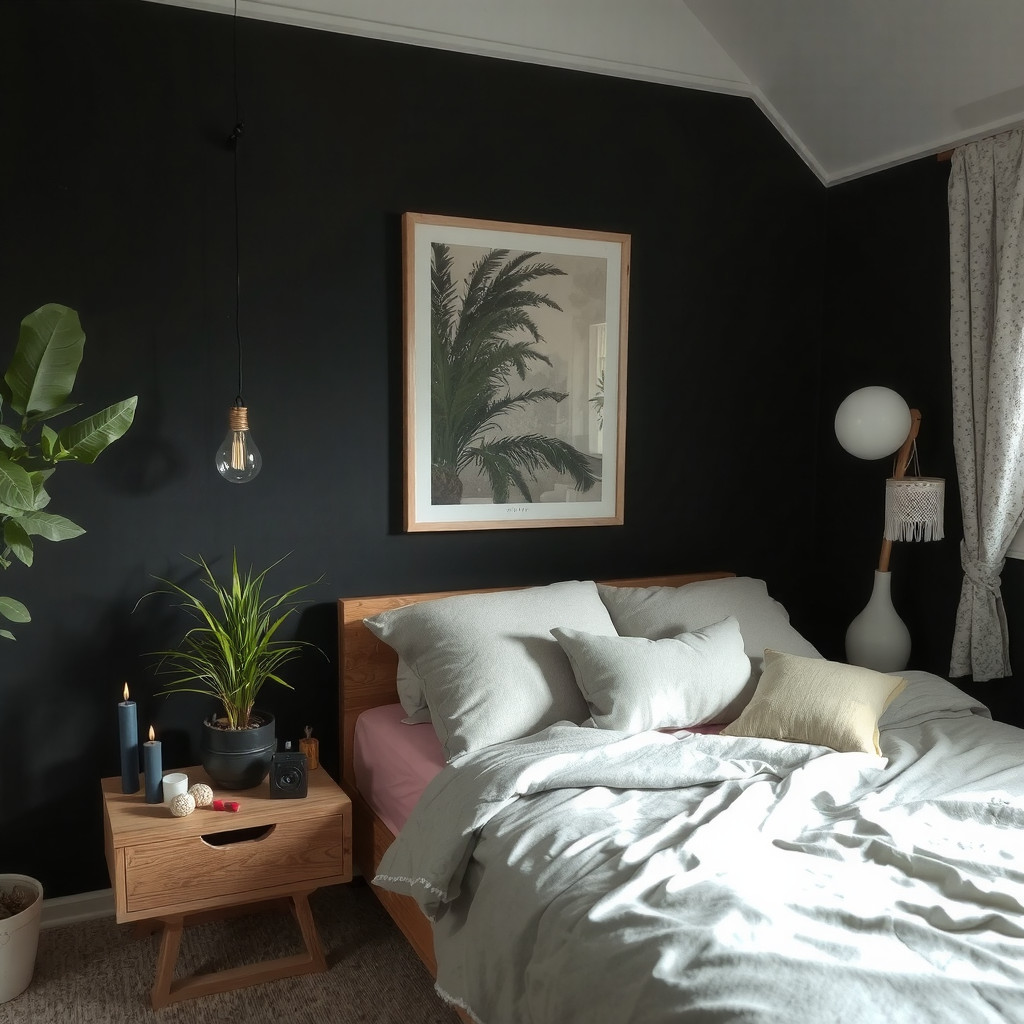A dark bedroom with a few plants, and a few candles on the bedside table