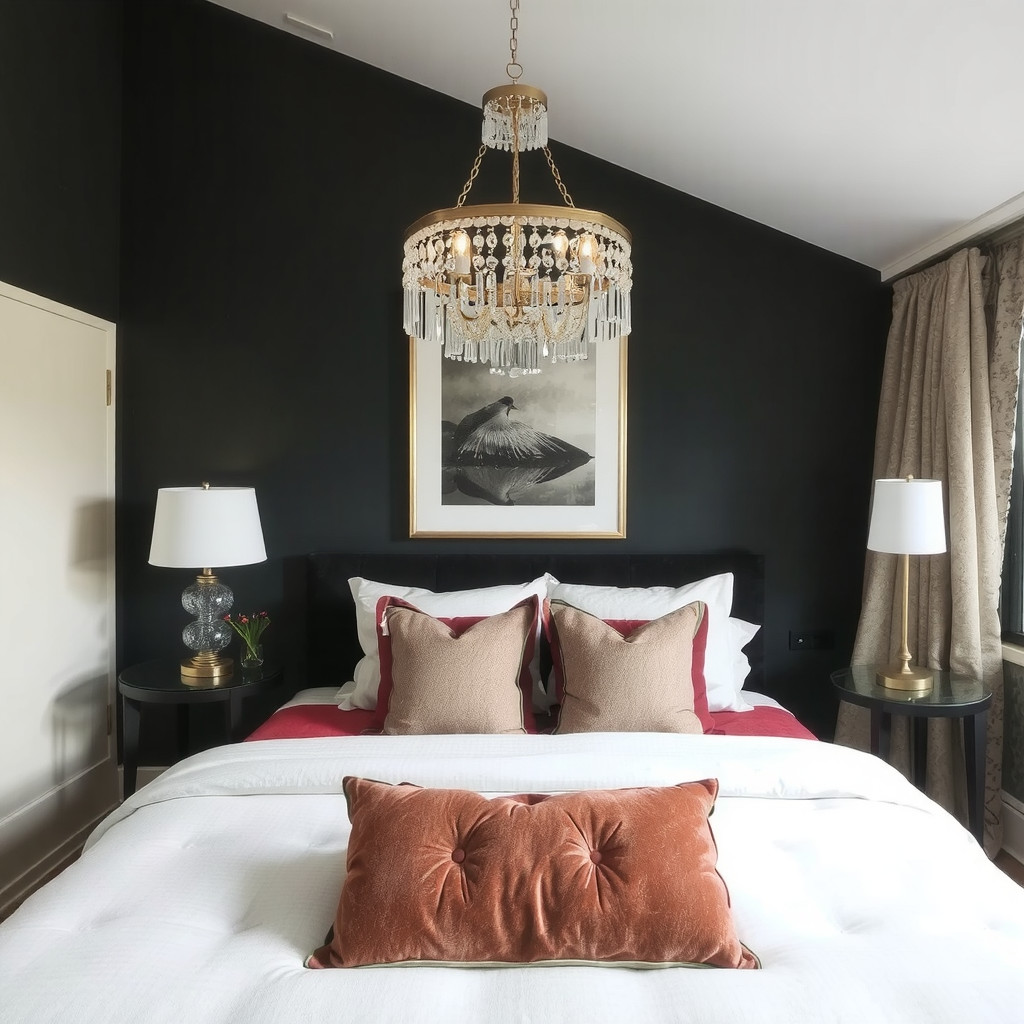 A bedroom with a statement light fixture, and a few pillows in moody colors