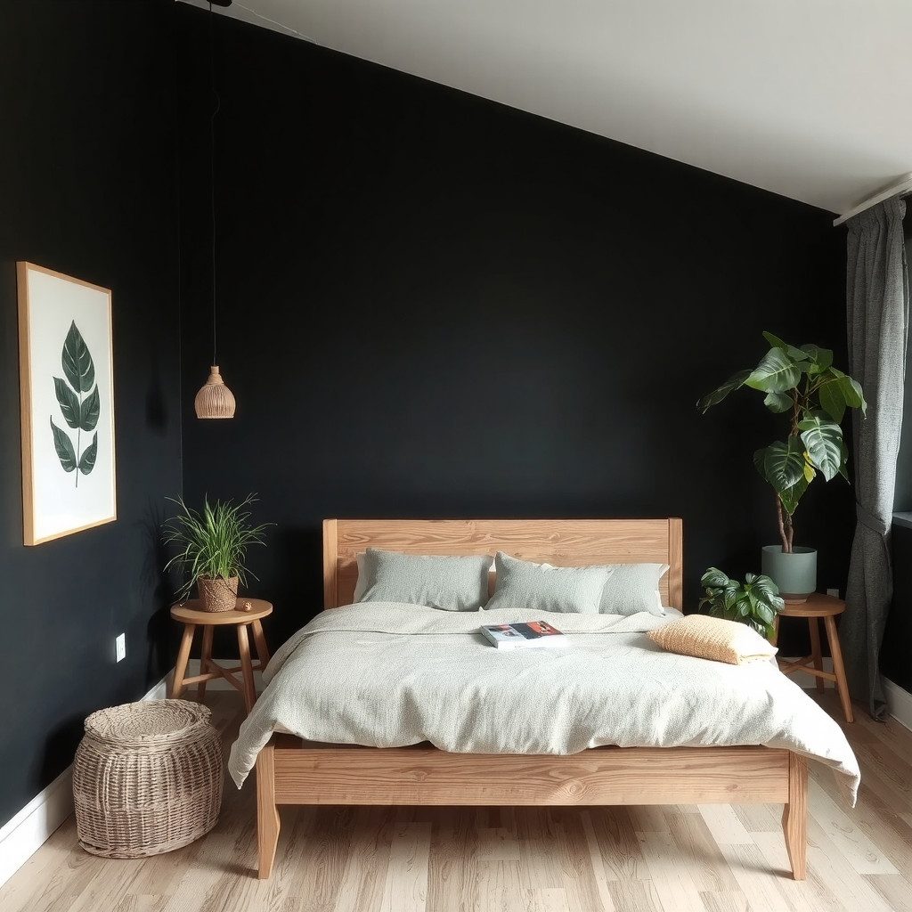 A dark bedroom with a black wall, a wooden bed frame, and a few plants