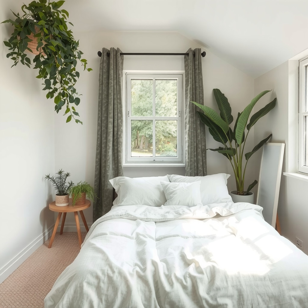 A bedroom with a bed positioned away from the window, and a few plants on the bedside table