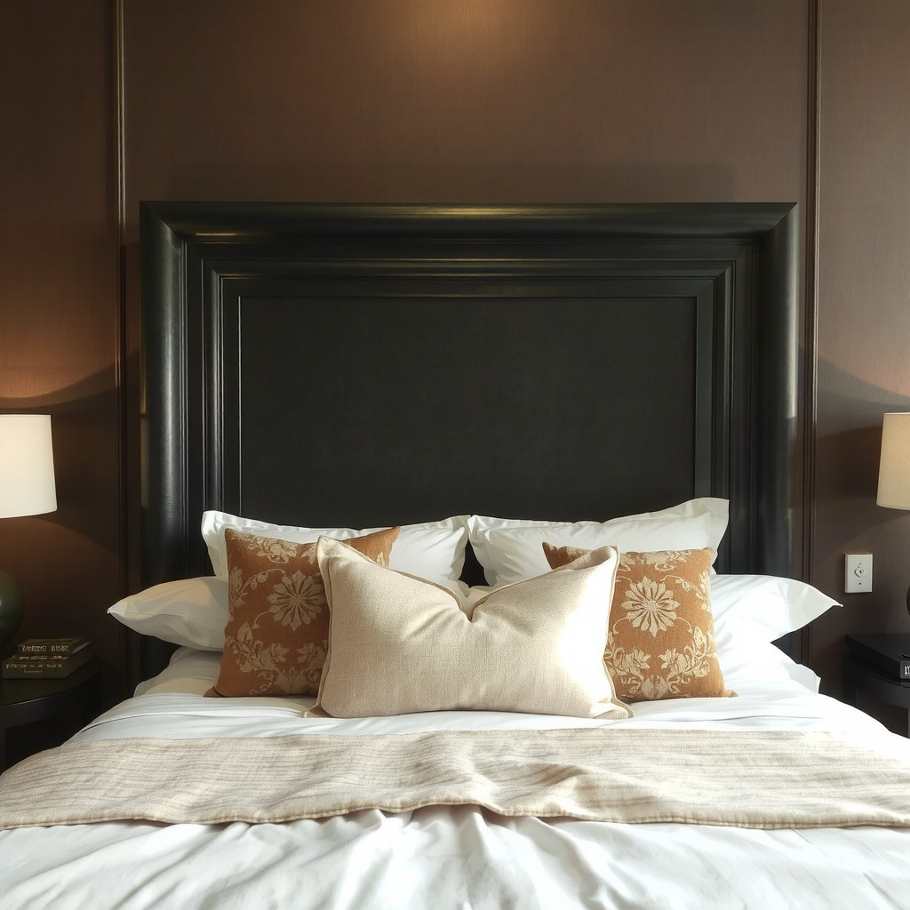 A bed with a dark headboard and soft lighting