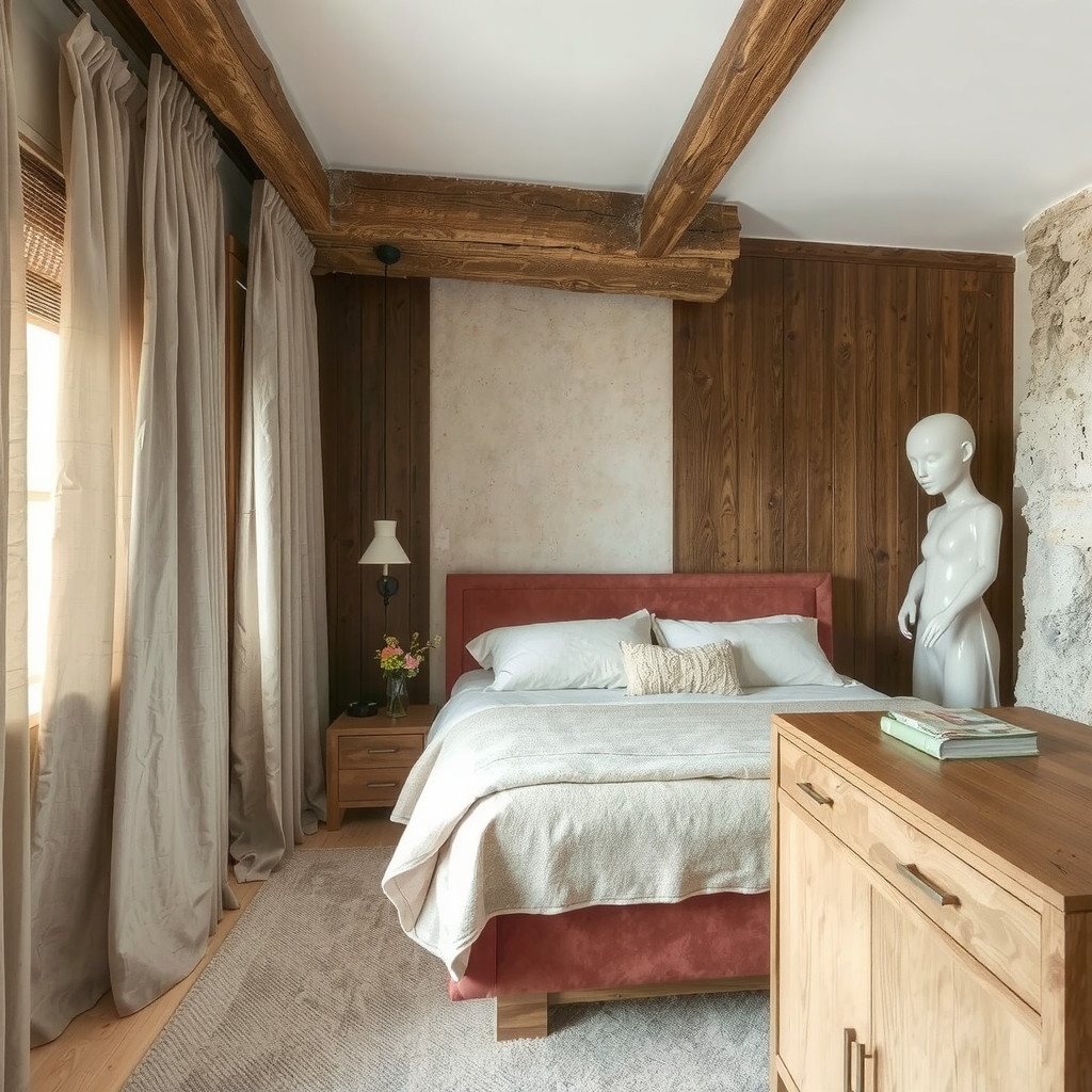 A bedroom with a velvet bed and linen curtains