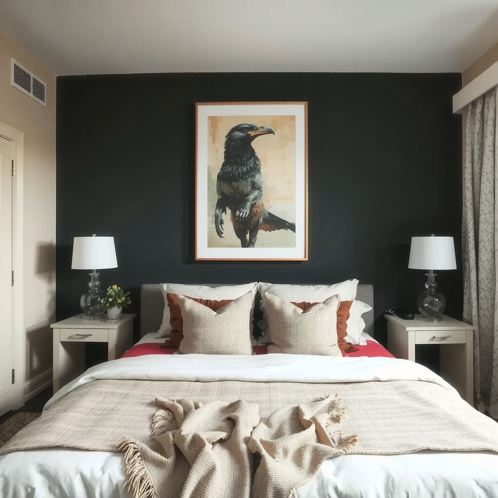 A bedroom with a statement piece of art above the bed