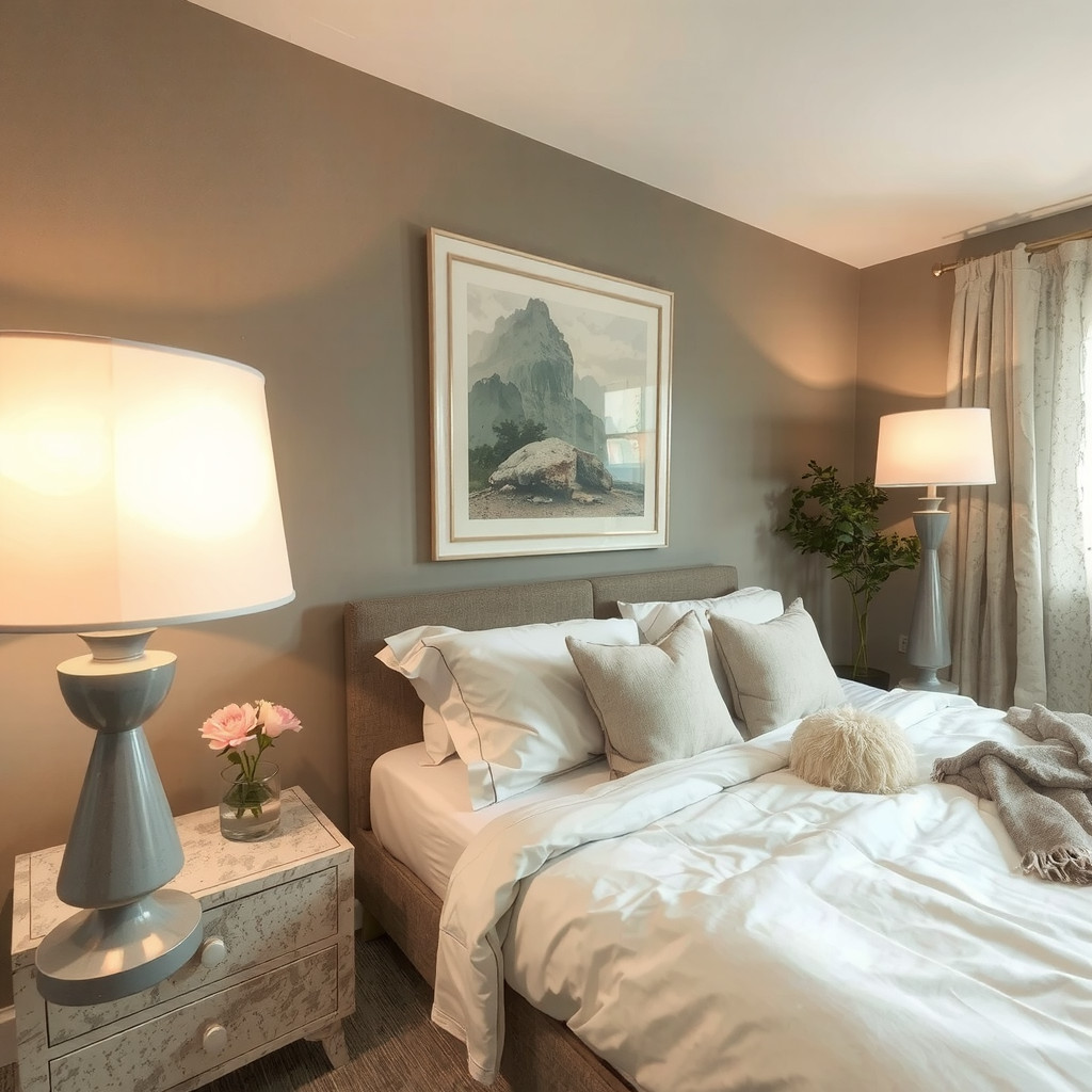 A bedroom with soft, warm lighting