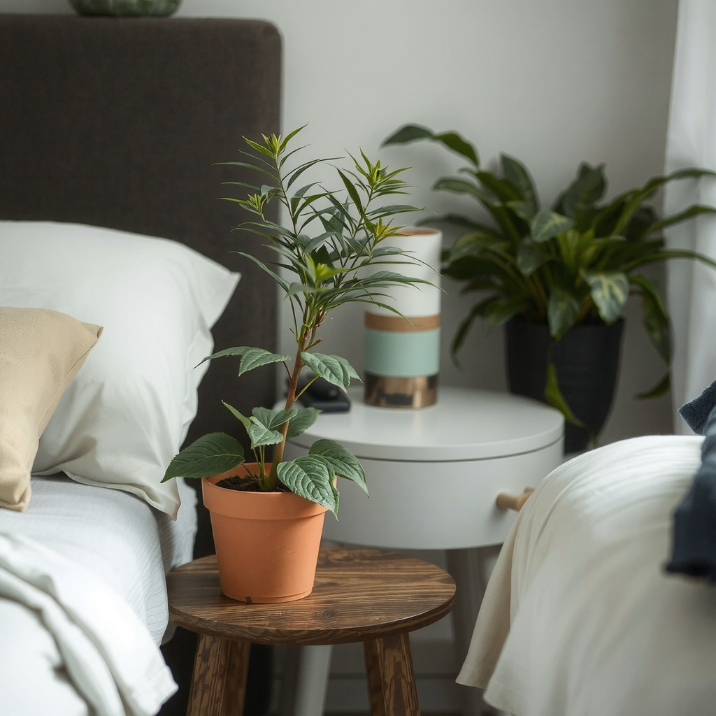 A bedroom with a potted plant on a bedside table