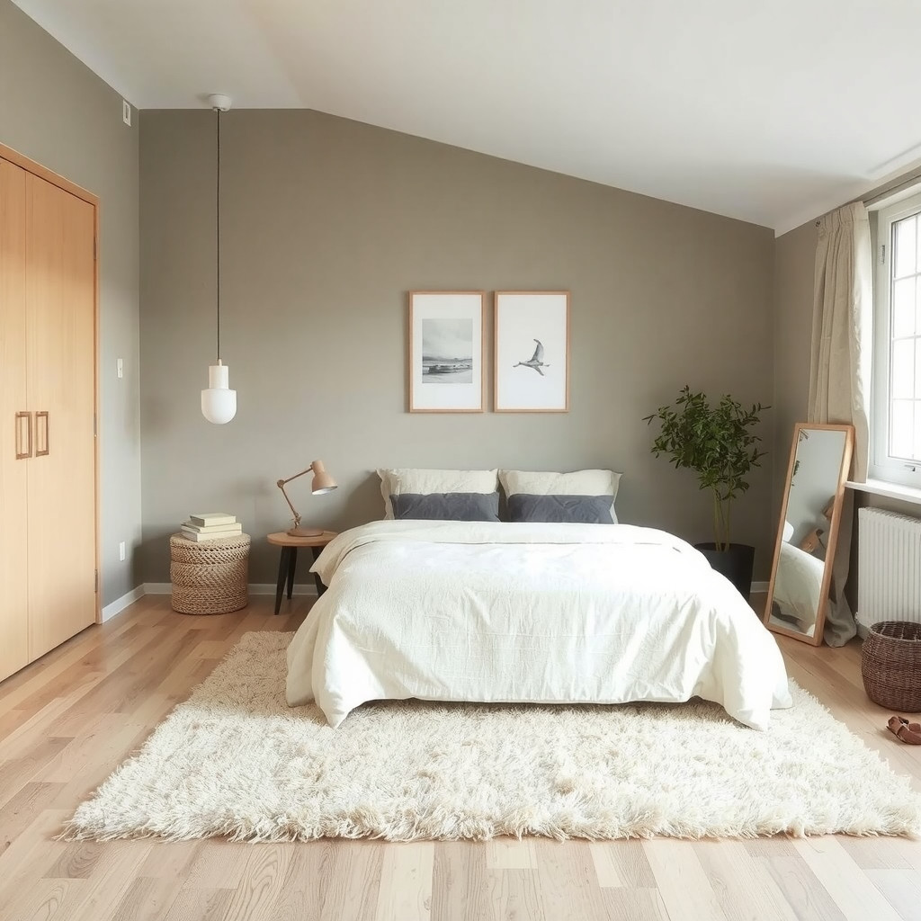 A thoughtfully laid out Japandi bedroom with a plush area rug, a minimalist bed frame, and soft, diffused lighting