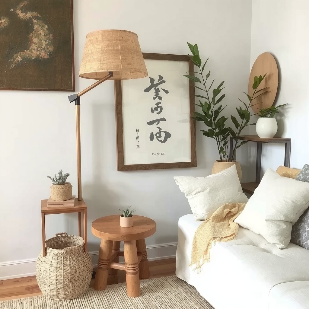 A cozy Japandi corner with a wooden side table, a linen sofa, and a floor lamp with a natural paper shade