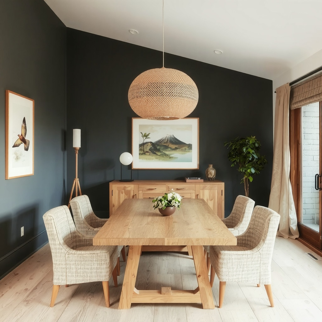 A Japandi dining room with a wooden dining table, chairs upholstered in natural fabric, and a show-stopping pendant light