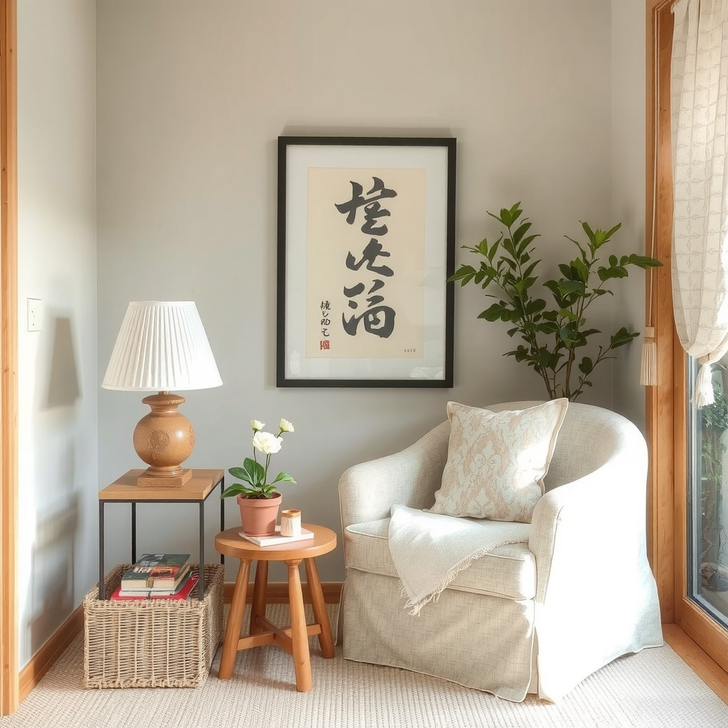 A peaceful Japandi reading nook with a comfortable chair, a side table, and a table lamp with a linen shade