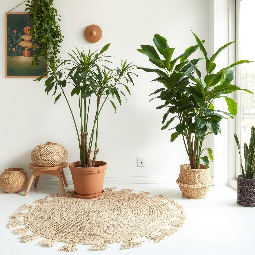A vibrant Japandi living space with a large potted plant, a natural fiber rug, and plenty of natural light