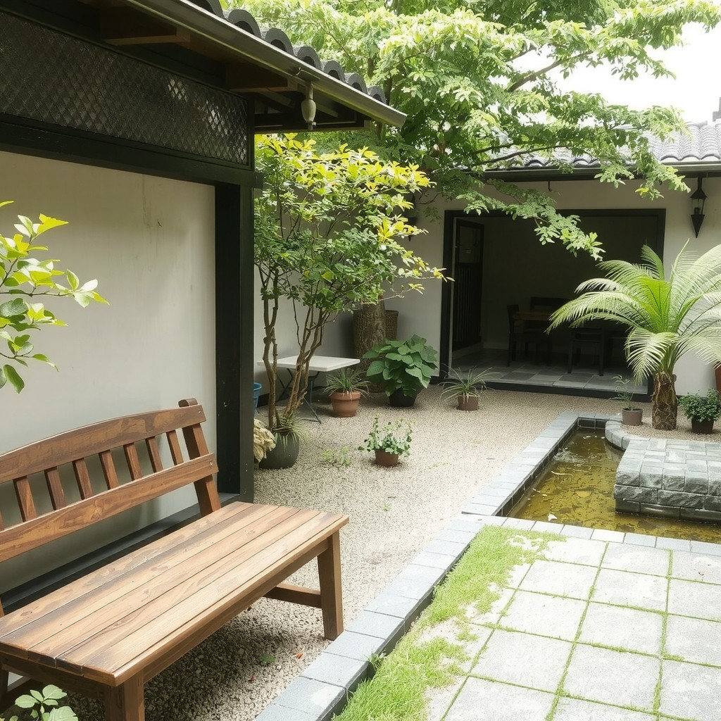 A serene Japandi outdoor space with a wooden bench, a small pond, and lush greenery