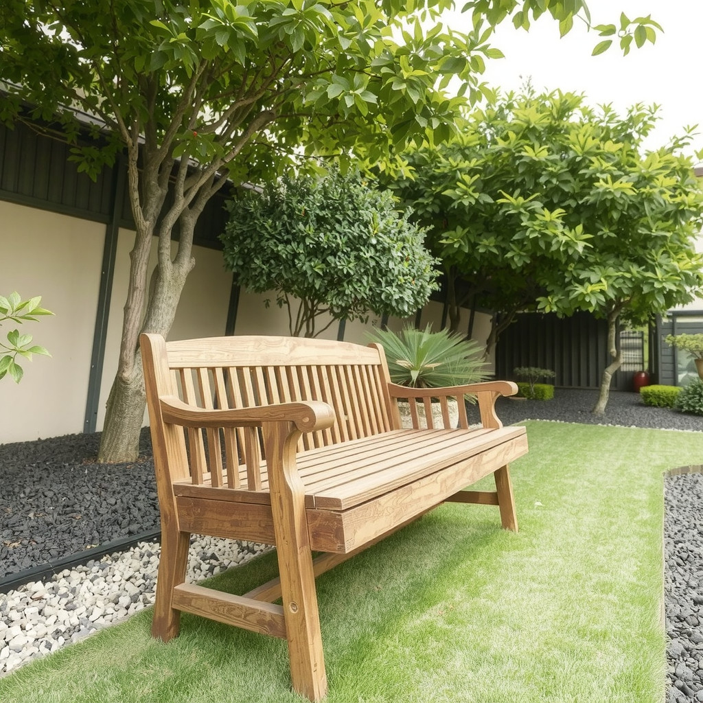 A beautifully crafted Japandi wooden bench in a peaceful outdoor setting