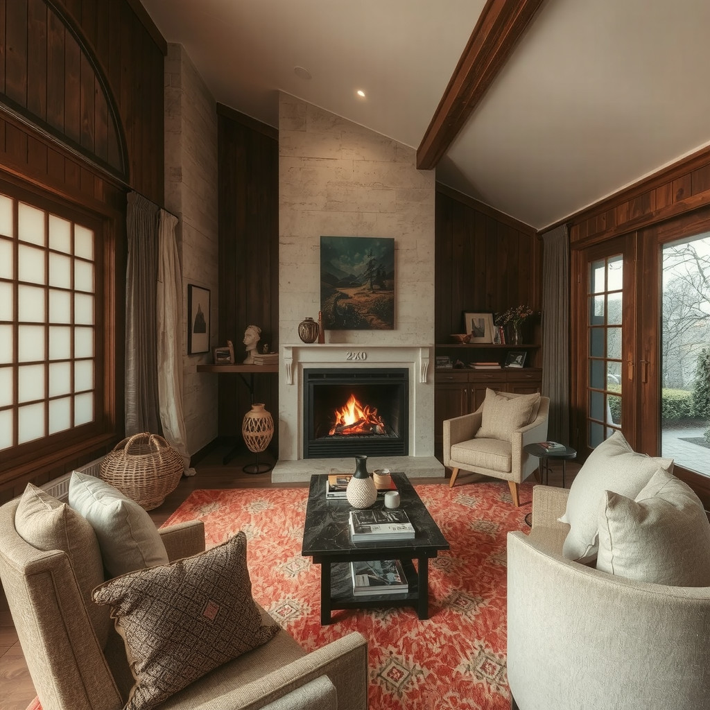 A cozy Japandi living room at dusk, with soft lighting, plush textiles, and a roaring fireplace