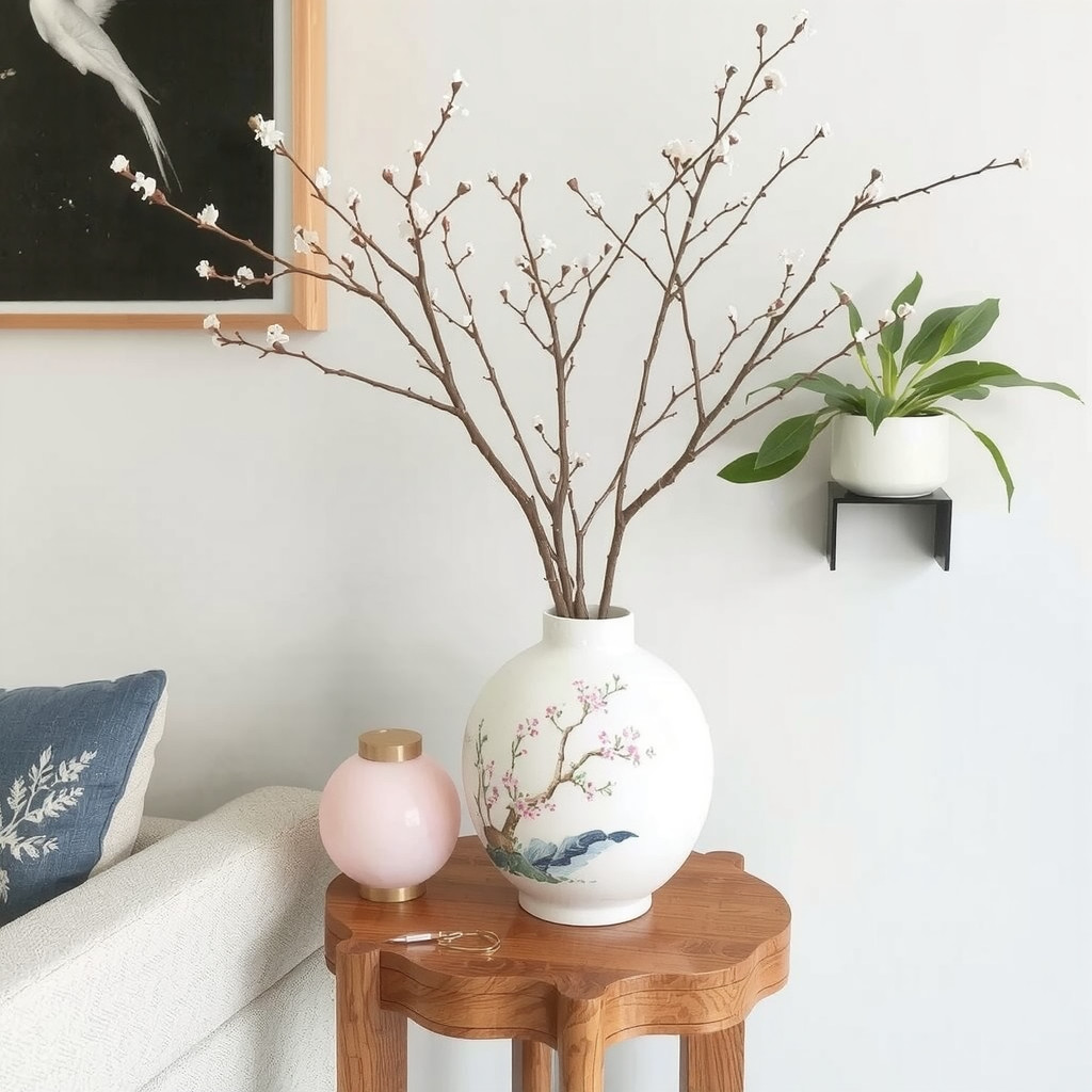 A Japandi-inspired vase with fresh branches on a wooden side table